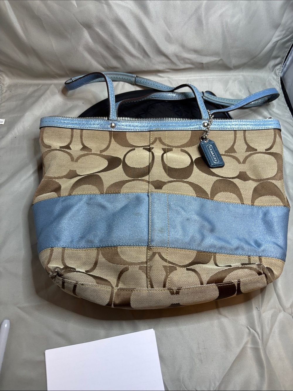 Coach Signature Canvas Tote in Tan and Light Blue Trim